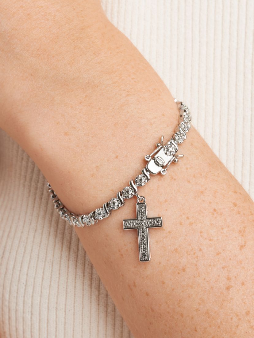 Diamond Accent Cross Bracelet in Silver, 18K Yellow Gold or 18K Rose Gold Over Bronze