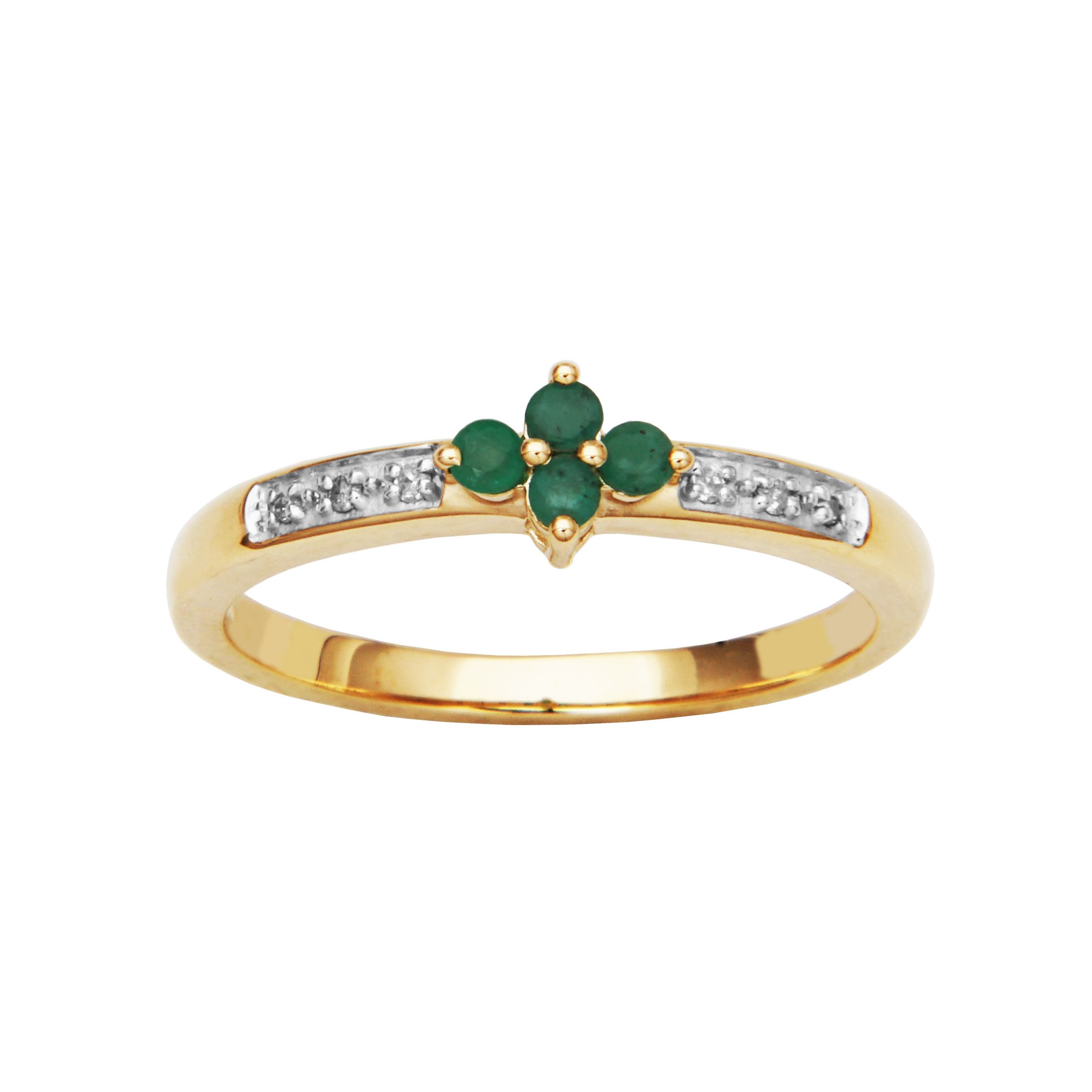10k Yellow Gold Genuine Emerald Diamond Accent Clover Cluster Band Ring