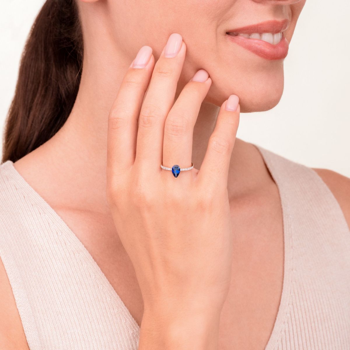 Lab Created Created Blue Sapphire Pear Shaped with 1/8 cttw Diamond Ring in 10k White Gold