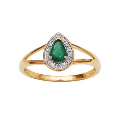 10k Yellow Gold Genuine Emerald Diamond Accent Pear Shaped Halo Band Ring