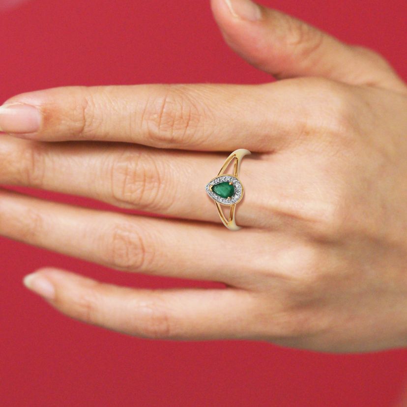 10k Yellow Gold Genuine Emerald Diamond Accent Pear Shaped Halo Band Ring