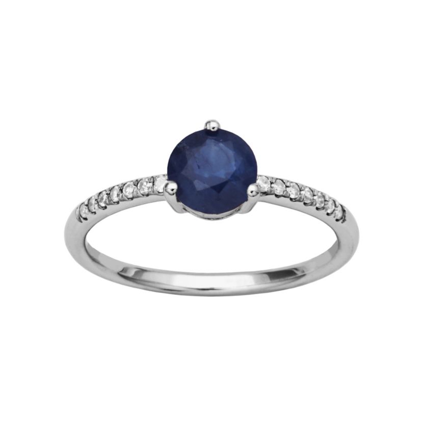 10k White Gold Genuine Gemstone Diamond Accent Trinity Prong Ring, Available in White, Topaz, Blue Topaz, Emerald, Sapphire, Ruby