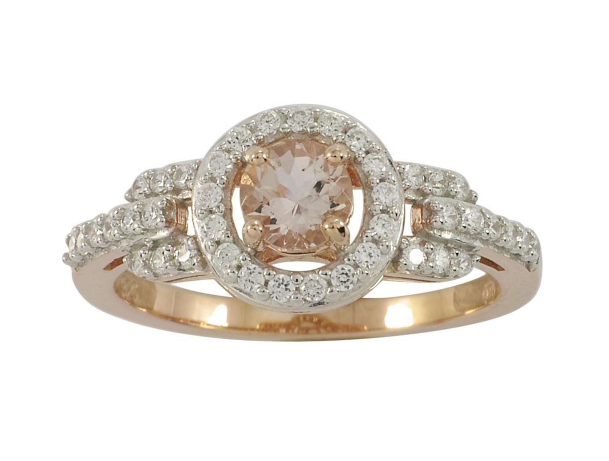 Lab Created 10k Rose Gold Genuine Morganite and Created White Sapphire Halo Ring