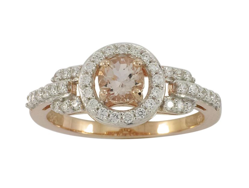 Lab Created 10k Rose Gold Genuine Morganite and Created White Sapphire Halo Ring