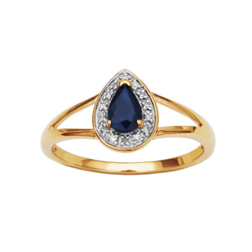 10k Yellow Gold Genuine Blue Sapphire Diamond Accent Pear Shaped Halo Band Ring