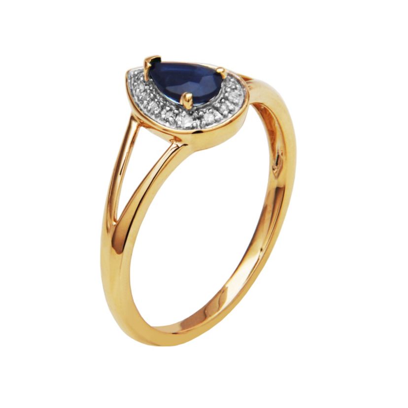 10k Yellow Gold Genuine Blue Sapphire Diamond Accent Pear Shaped Halo Band Ring