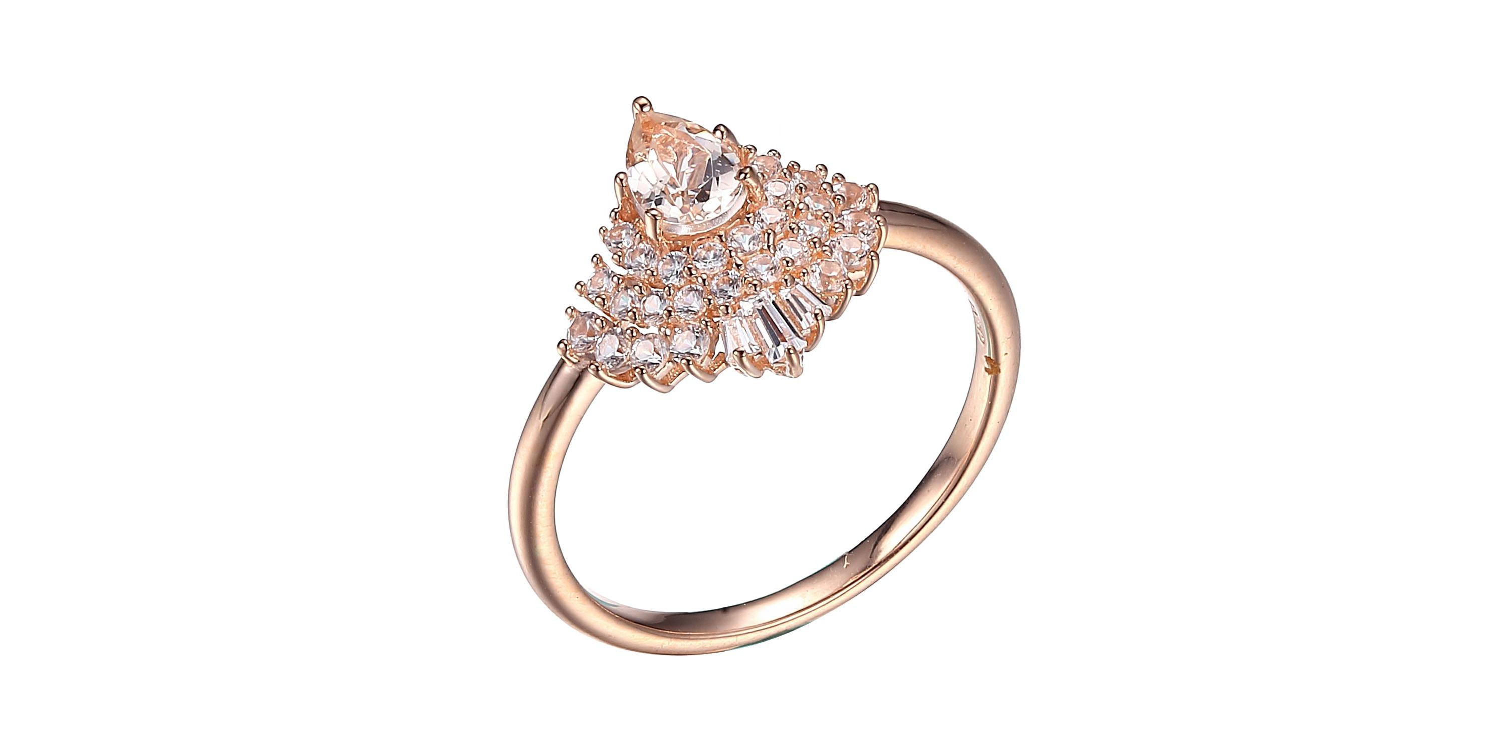 Lab Created 10k Rose Gold Genuine Morganite and Created White Sapphire Pear Demi-Halo Ring