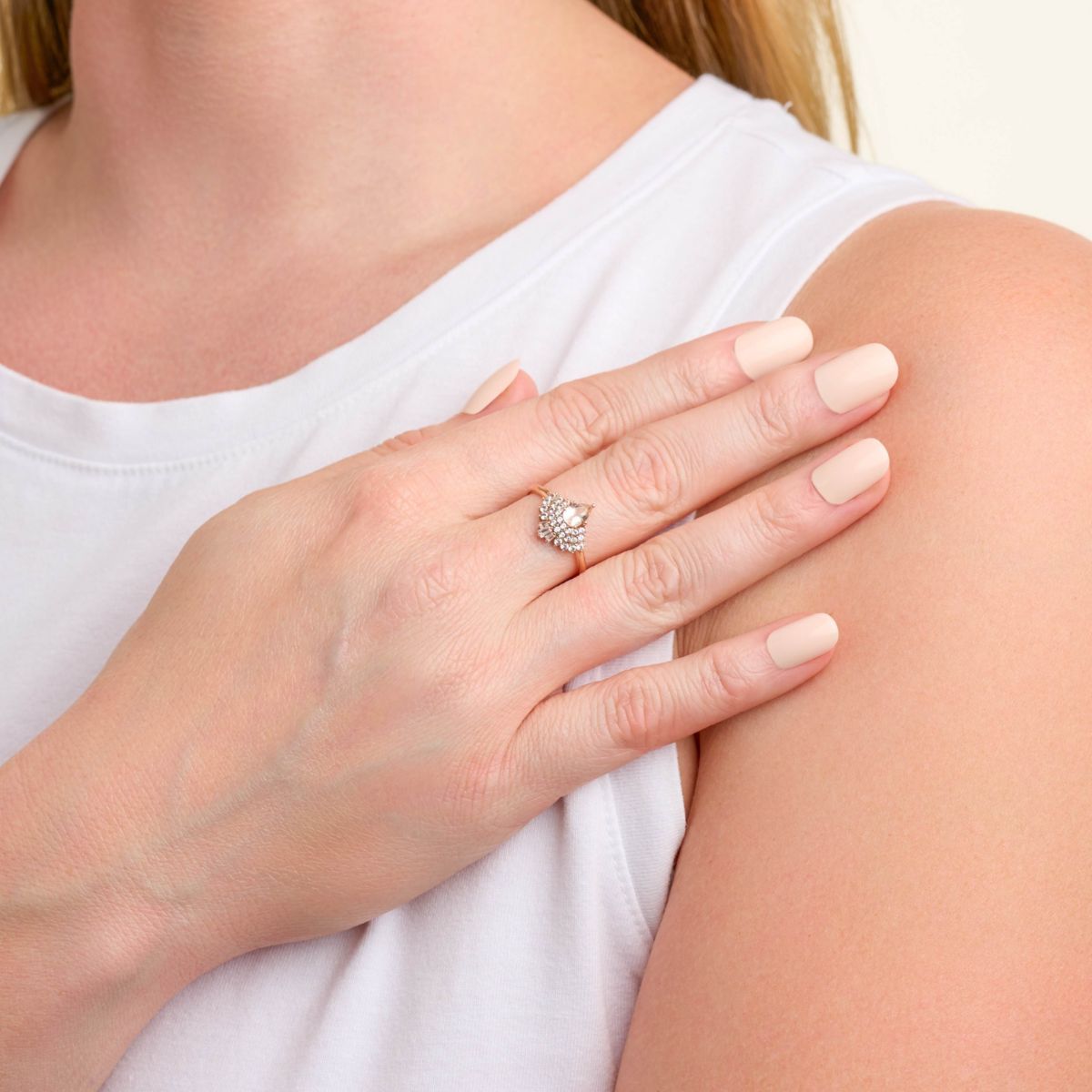 Lab Created 10k Rose Gold Genuine Morganite and Created White Sapphire Pear Demi-Halo Ring