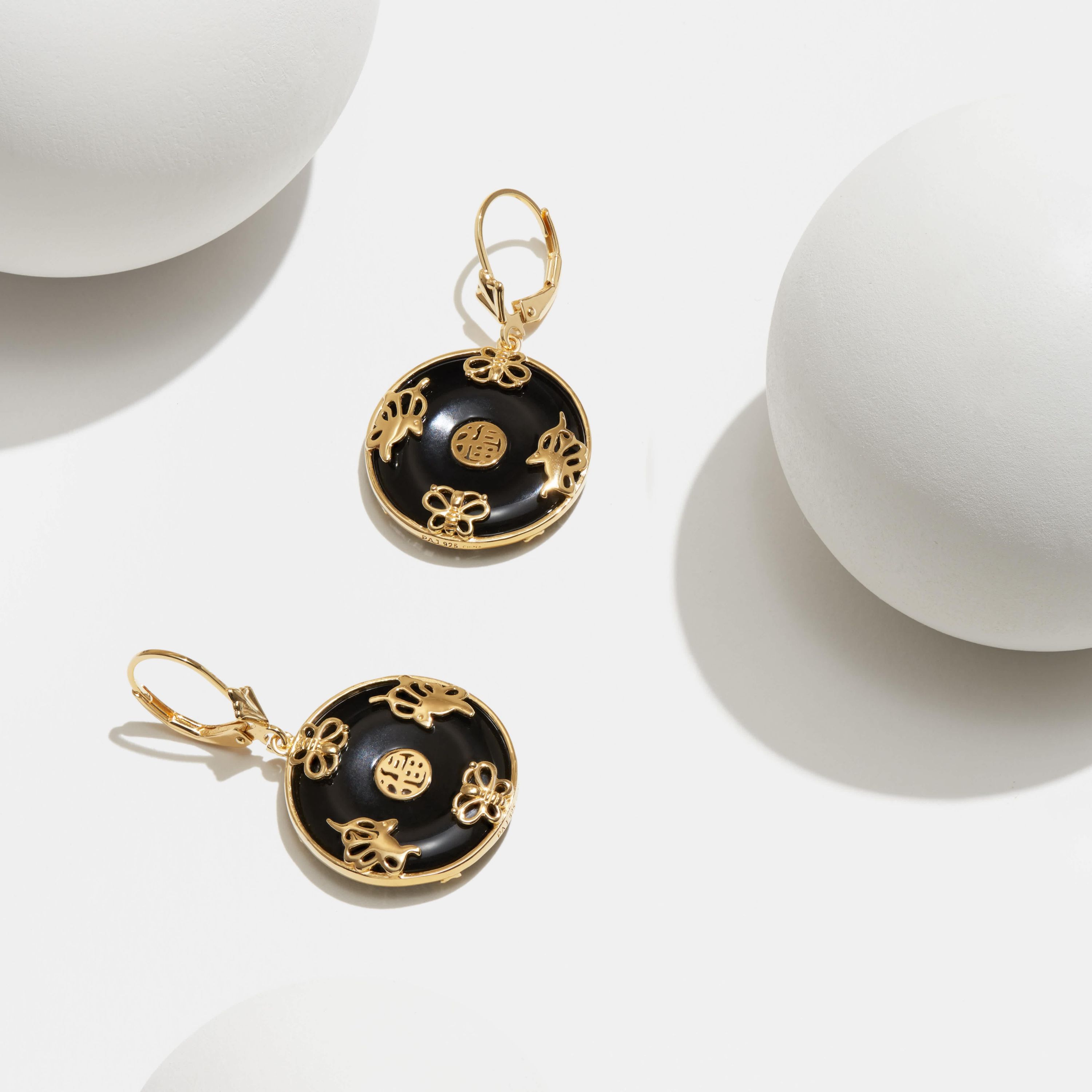 Black Onyx Circle Leverback Earrings in Rhodium or 18K Gold Plated Sterling Silver