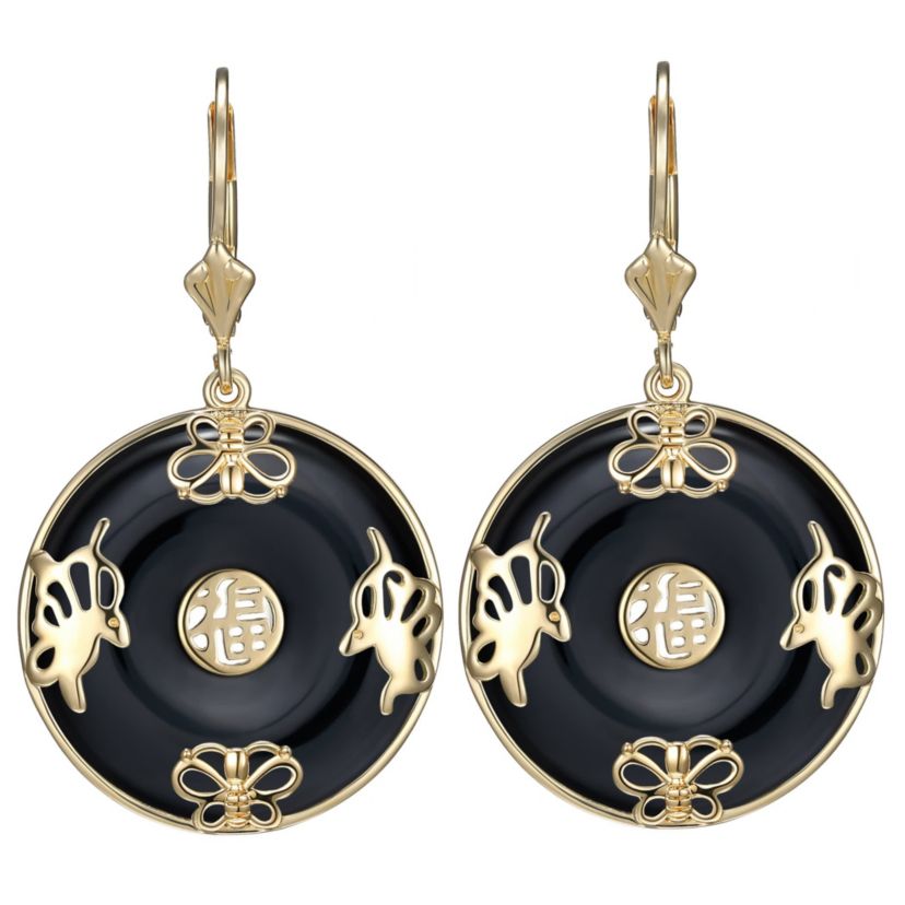 Black Onyx Circle Leverback Earrings in Rhodium or 18K Gold Plated Sterling Silver