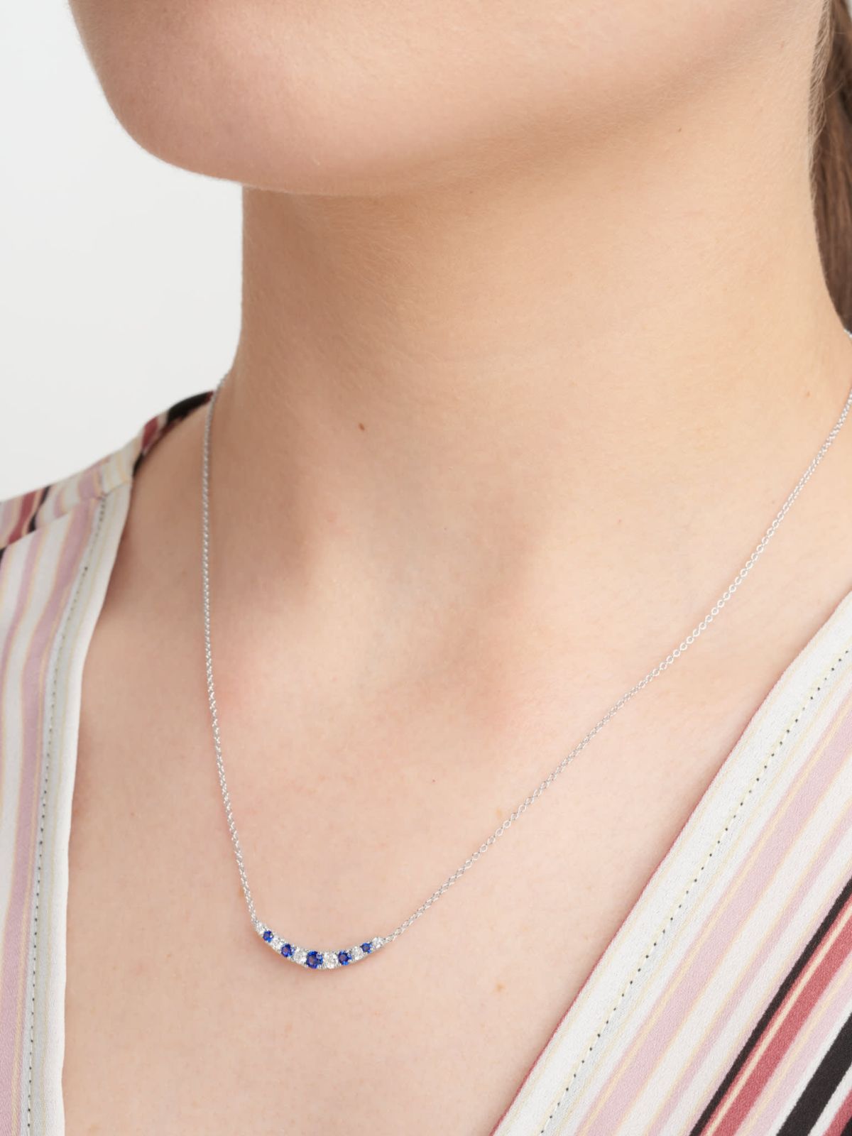 Lab Created Diamond and Gemstone Curved Cluster Bar Necklace in Rhodium Plated Sterling Silver