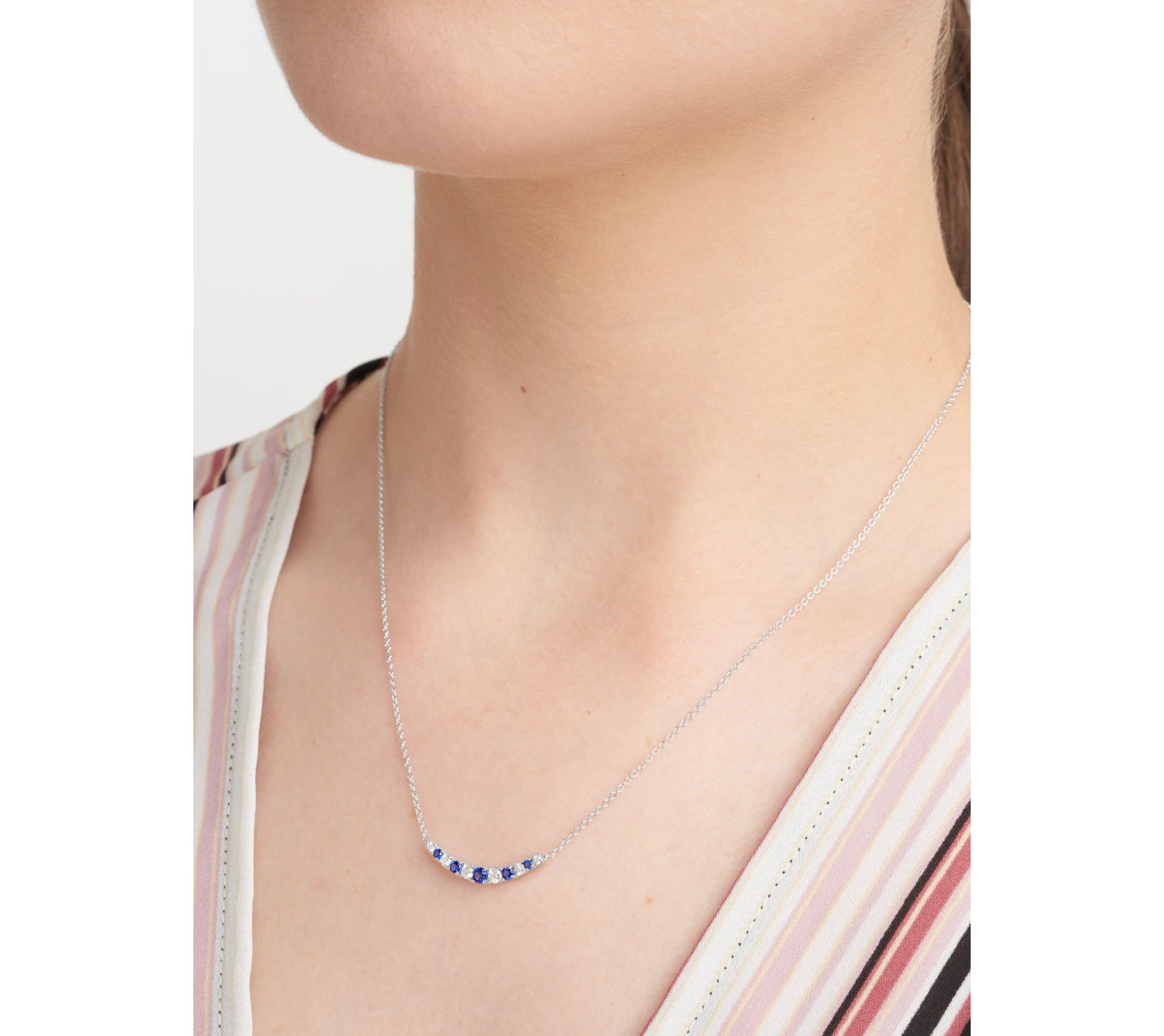 Lab Created Diamond and Gemstone Curved Cluster Bar Necklace in Rhodium Plated Sterling Silver