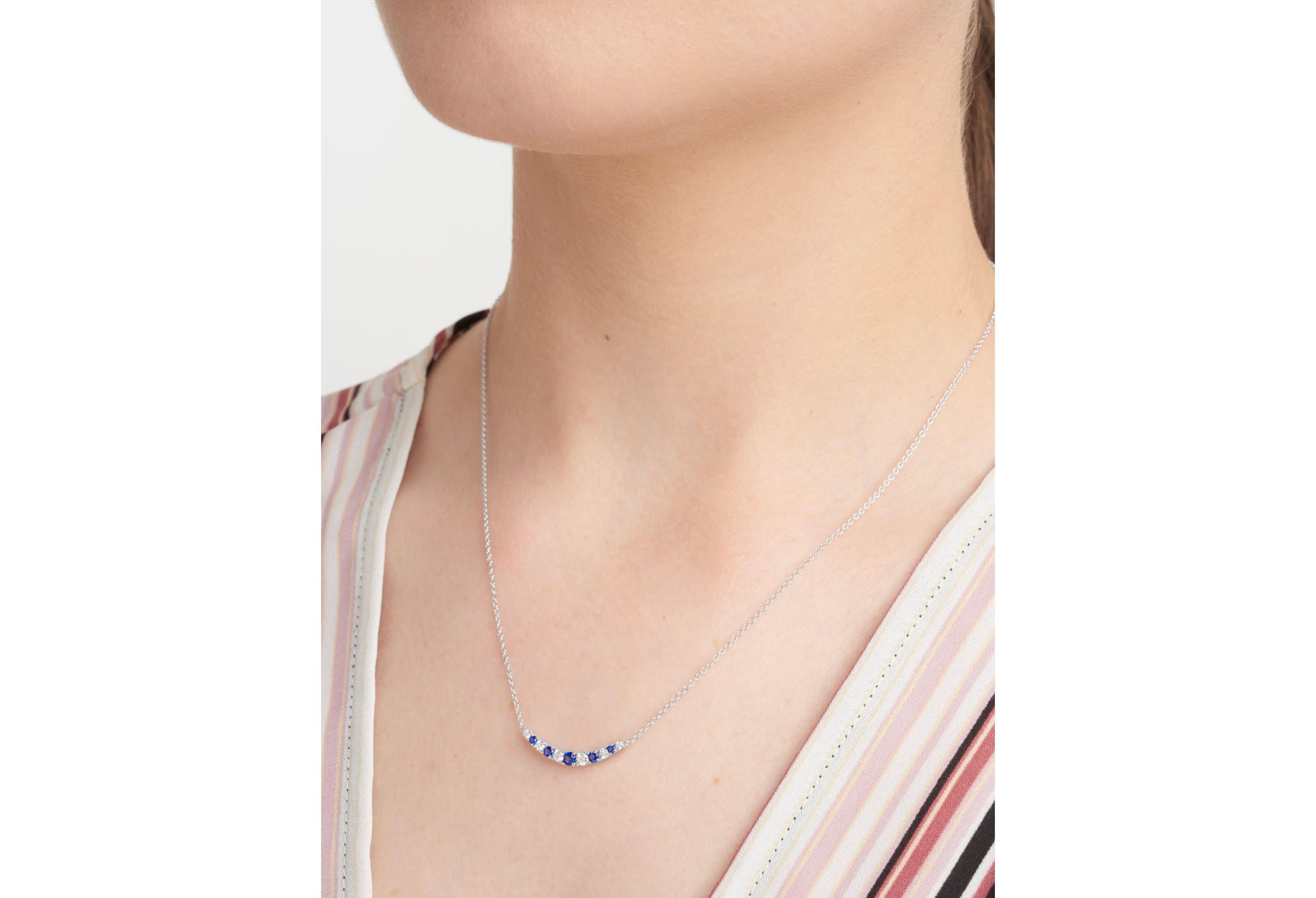 Lab Created Diamond and Gemstone Curved Cluster Bar Necklace in Rhodium Plated Sterling Silver
