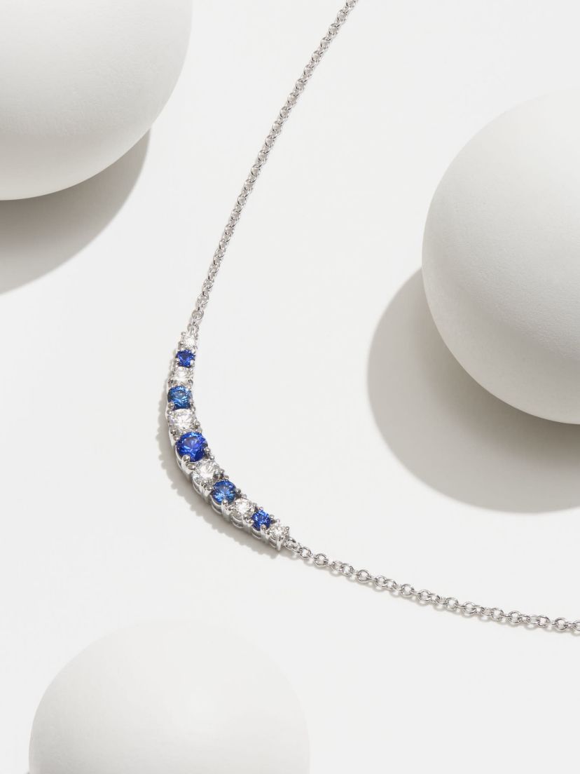 Lab Created Diamond and Gemstone Curved Cluster Bar Necklace in Rhodium Plated Sterling Silver