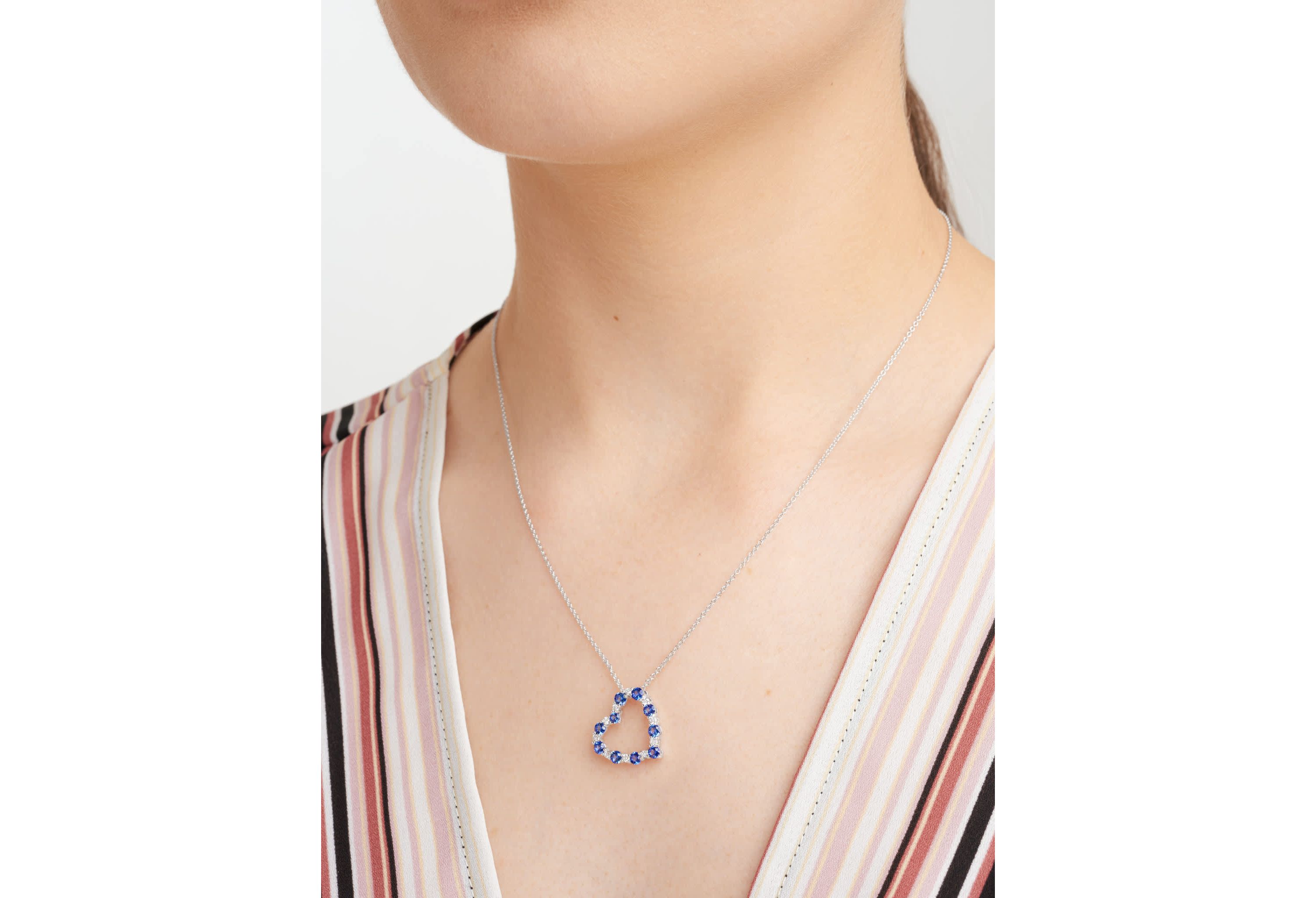 Lab Created Diamond and Gemstone Open Heart Pendant Necklace in Rhodium Plated Sterling Silver