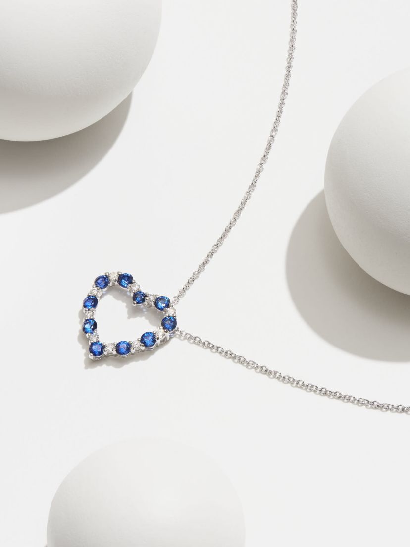 Lab Created Diamond and Gemstone Open Heart Pendant Necklace in Rhodium Plated Sterling Silver