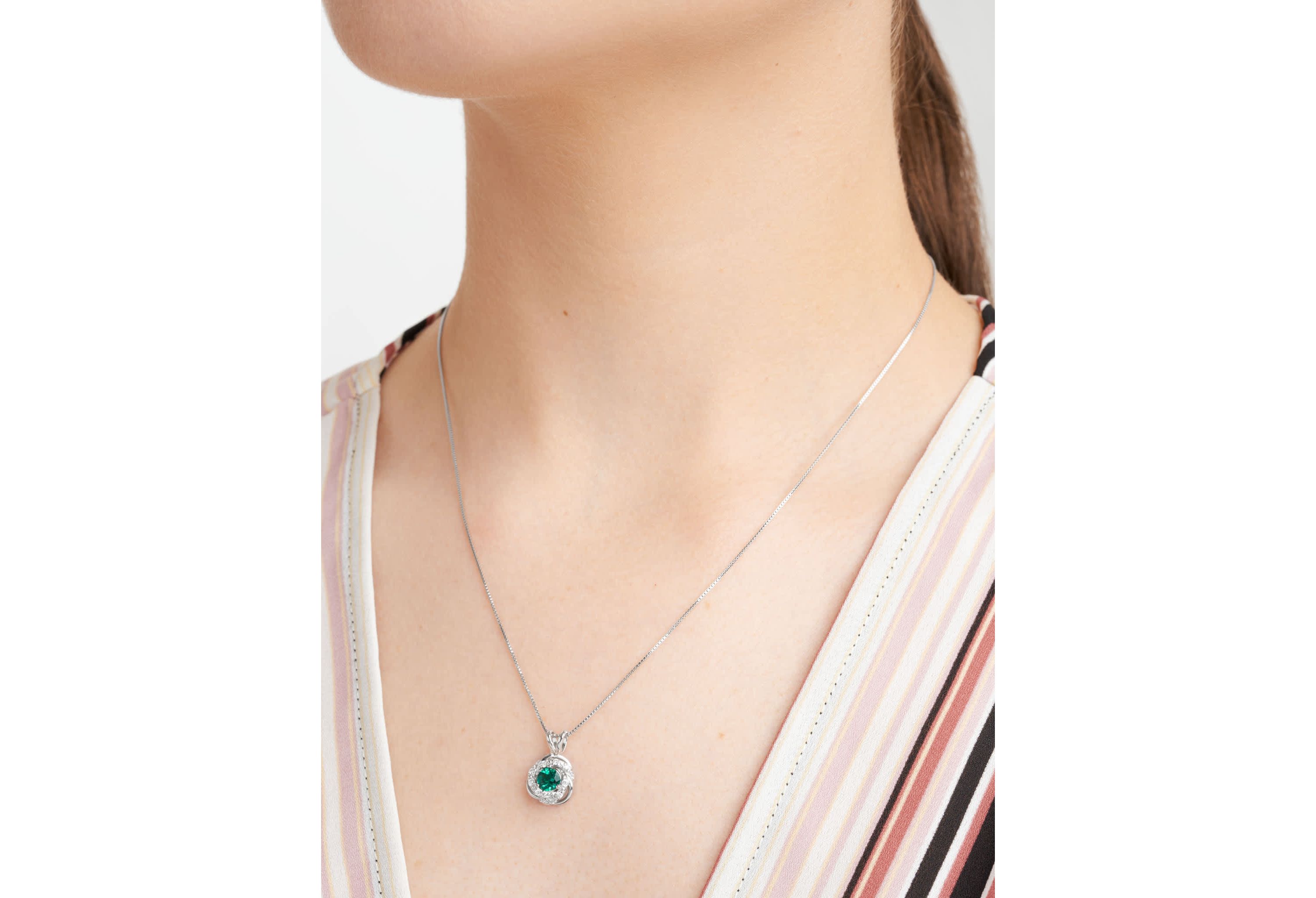 Lab Created Diamond and Created Gemstone Love Knot Pendant Necklace in Rhodium Plated Sterling Silver