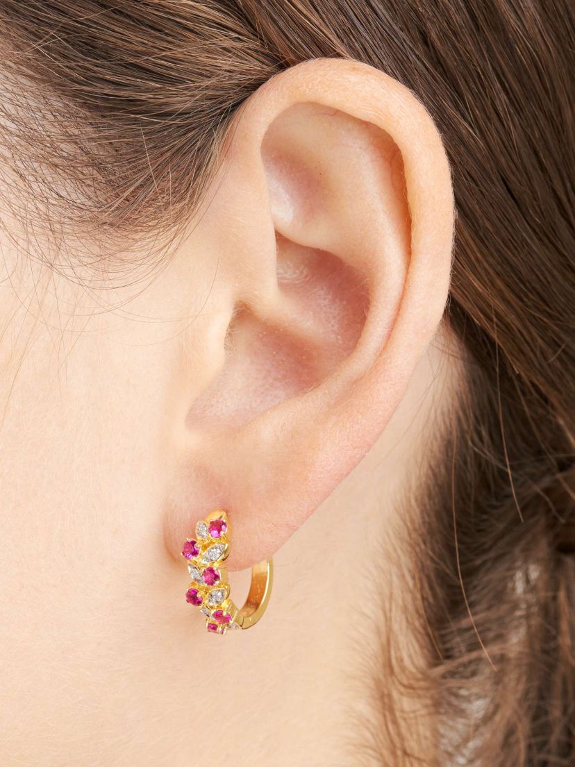 Lab Created Diamond and Gemstone Cluster Hoop Earrings in Sterling Silver