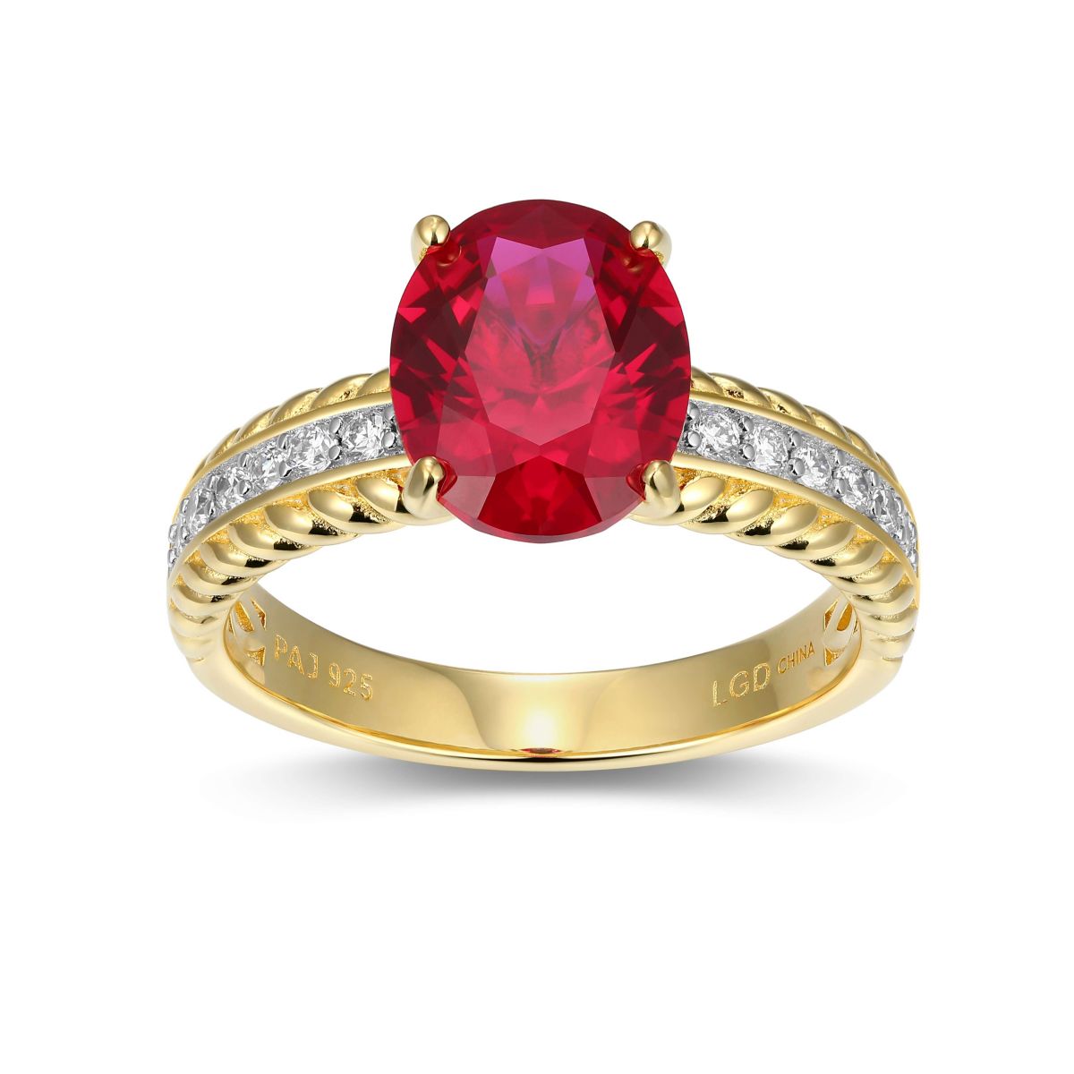 Lab Created Created Ruby and 1/5 CTTW Lab Grown Diamond Oval Ring in 18k Gold Plated Sterling Silver