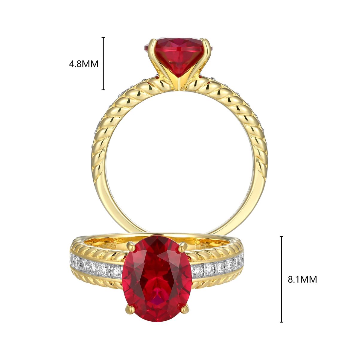 Lab Created Created Ruby and 1/5 CTTW Lab Grown Diamond Oval Ring in 18k Gold Plated Sterling Silver