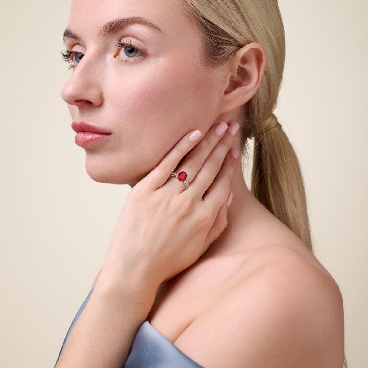 Lab Created Created Ruby and 1/5 CTTW Lab Grown Diamond Oval Ring in 18k Gold Plated Sterling Silver