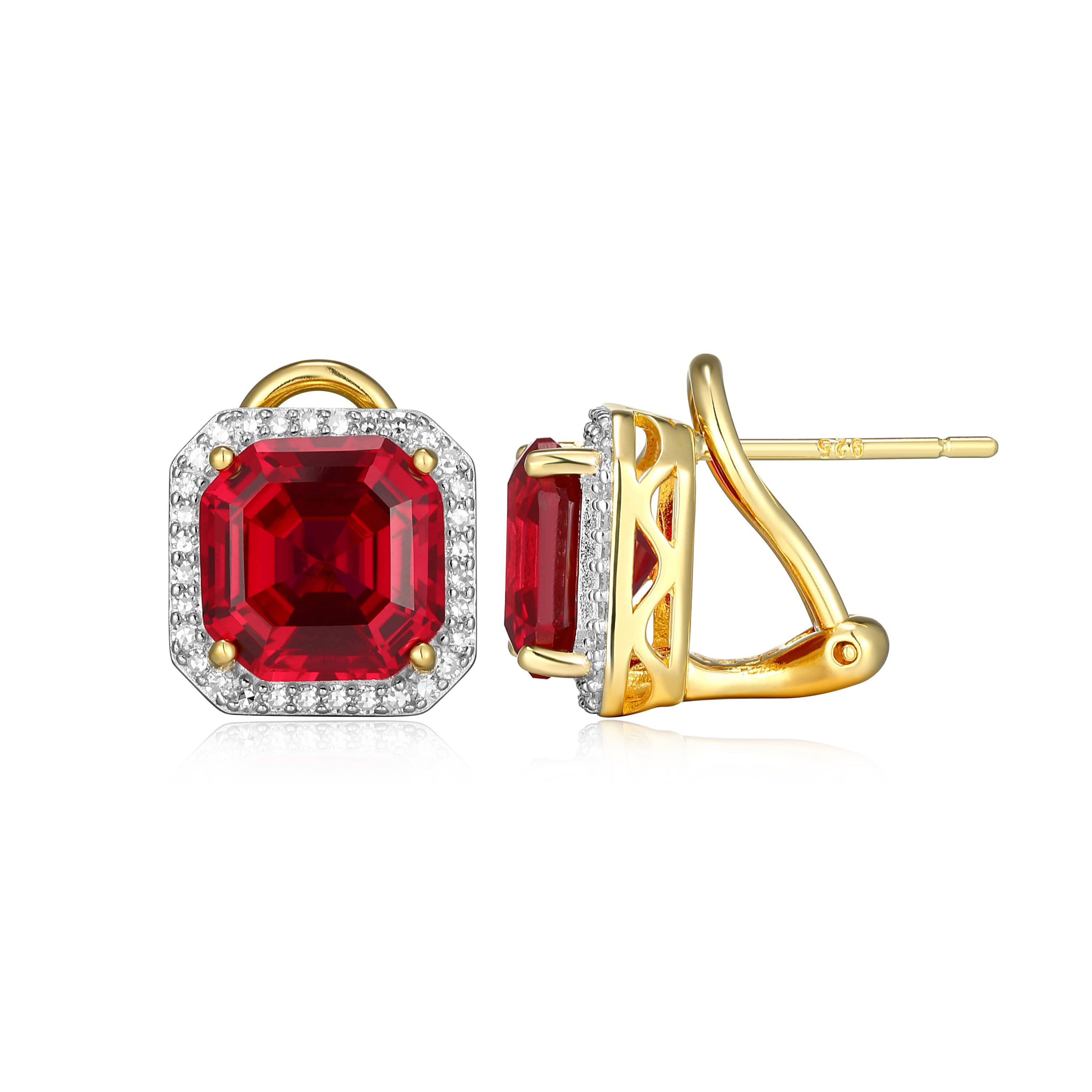 Lab Created 18K Yellow Gold Plated Sterling Silver Gemstone and 1/3 CTTW Lab Grown Diamond Omega Clip Earrings