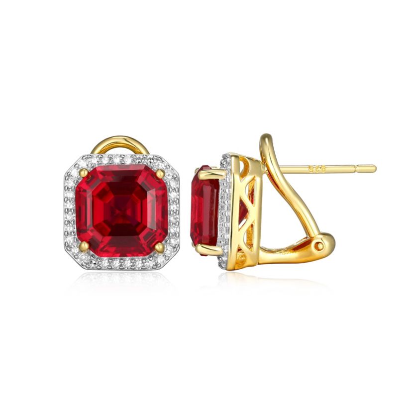 Lab Created 18K Yellow Gold Plated Sterling Silver Gemstone and 1/3 CTTW Lab Grown Diamond Omega Clip Earrings