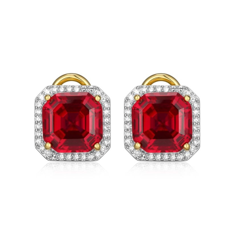 Lab Created 18K Yellow Gold Plated Sterling Silver Gemstone and 1/3 CTTW Lab Grown Diamond Omega Clip Earrings