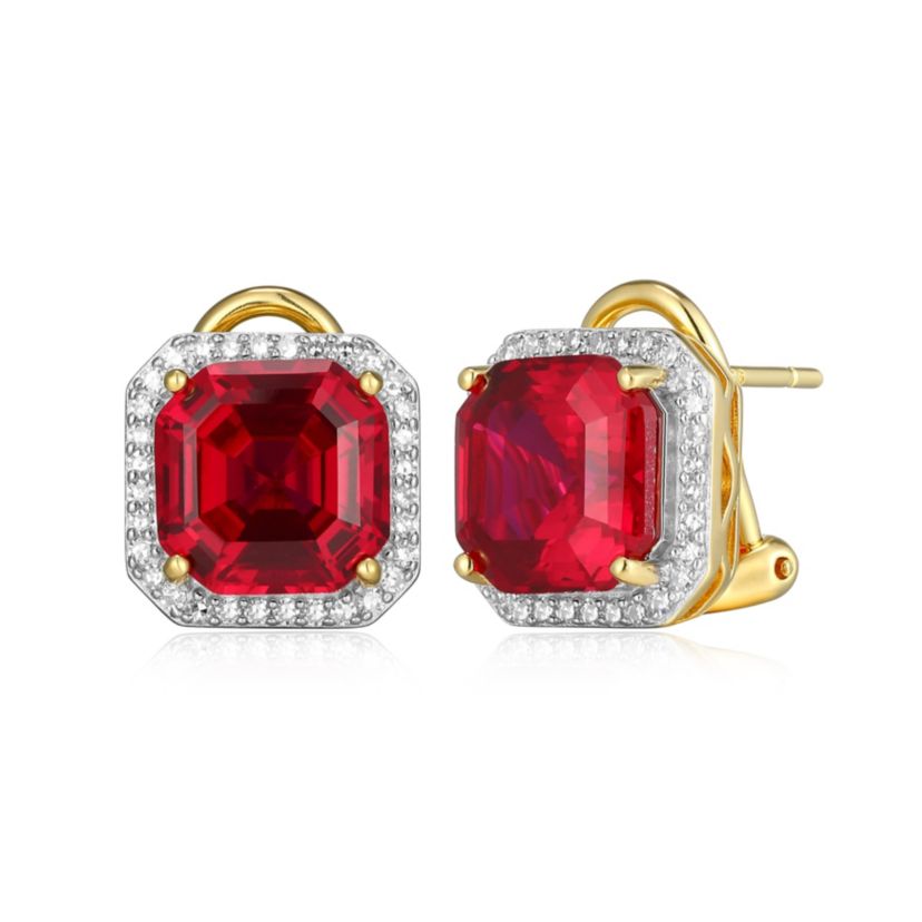 Lab Created 18K Yellow Gold Plated Sterling Silver Gemstone and 1/3 CTTW Lab Grown Diamond Omega Clip Earrings