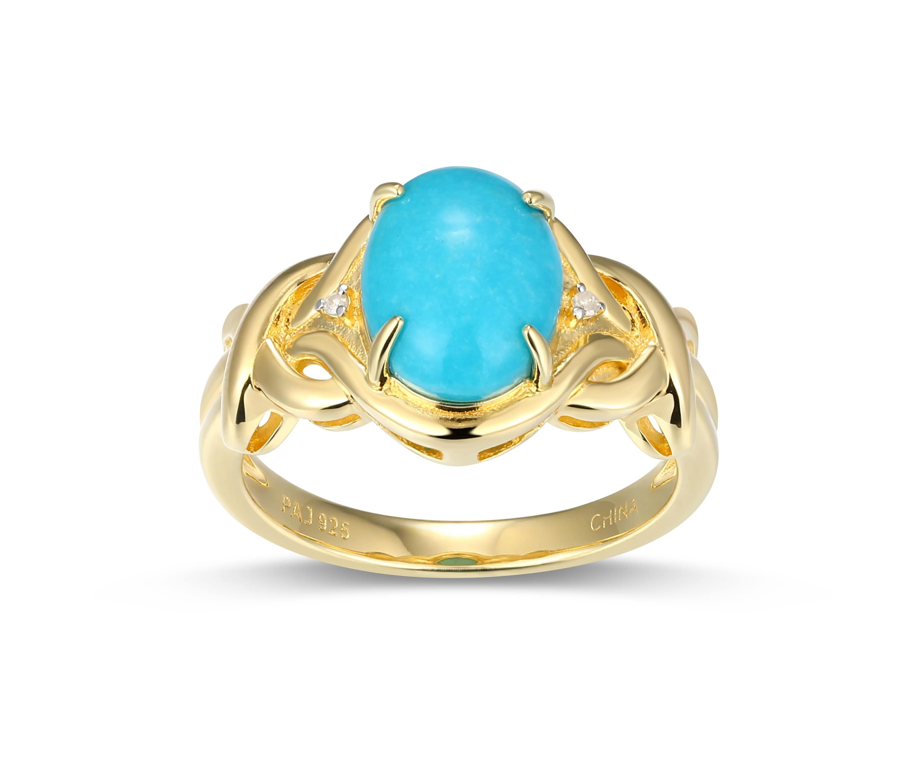 Genuine Turquoise and Diamond Accent Ring in 18k Gold Plated Sterling Silver