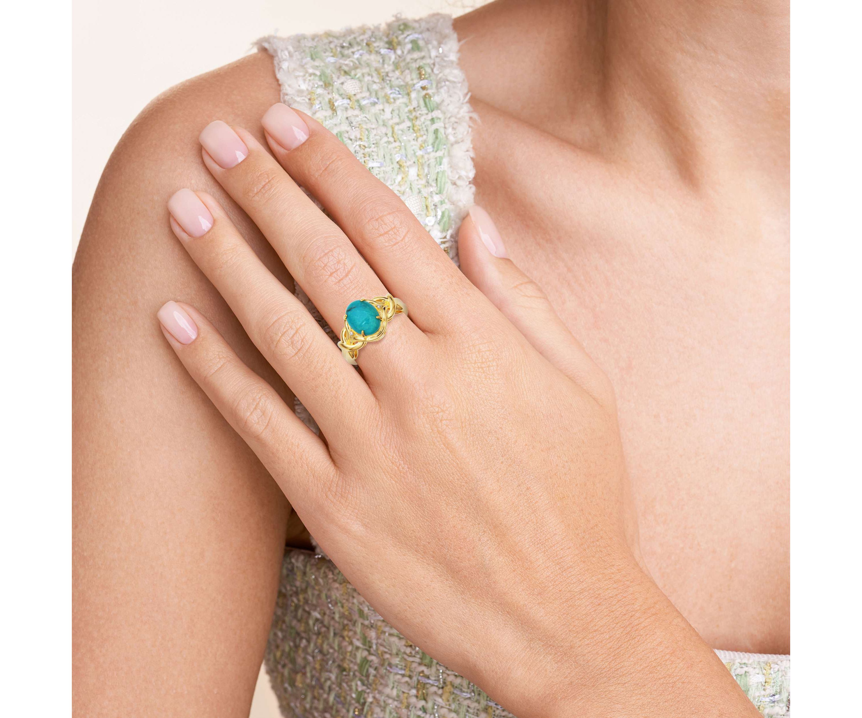 Genuine Turquoise and Diamond Accent Ring in 18k Gold Plated Sterling Silver