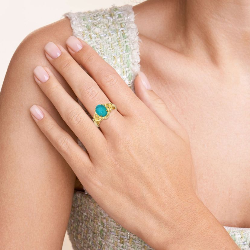 Genuine Turquoise and Diamond Accent Ring in 18k Gold Plated Sterling Silver