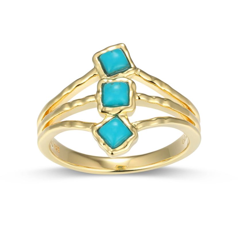 Genuine Turquoise Three Stone Ring in 18k Gold Plated Sterling Silver