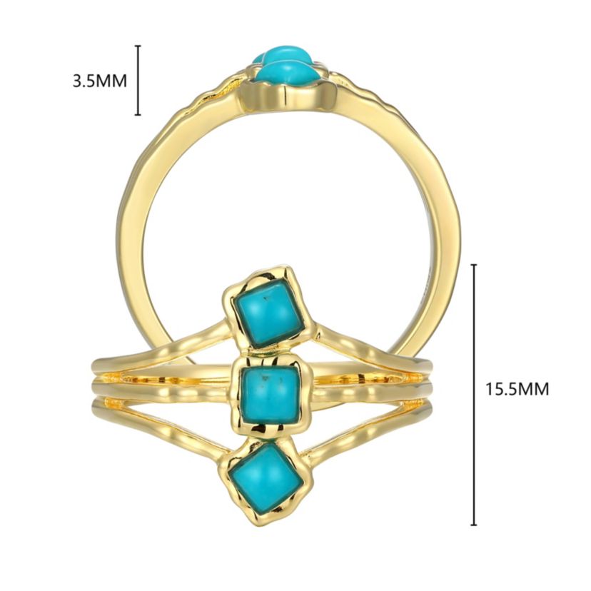 Genuine Turquoise Three Stone Ring in 18k Gold Plated Sterling Silver