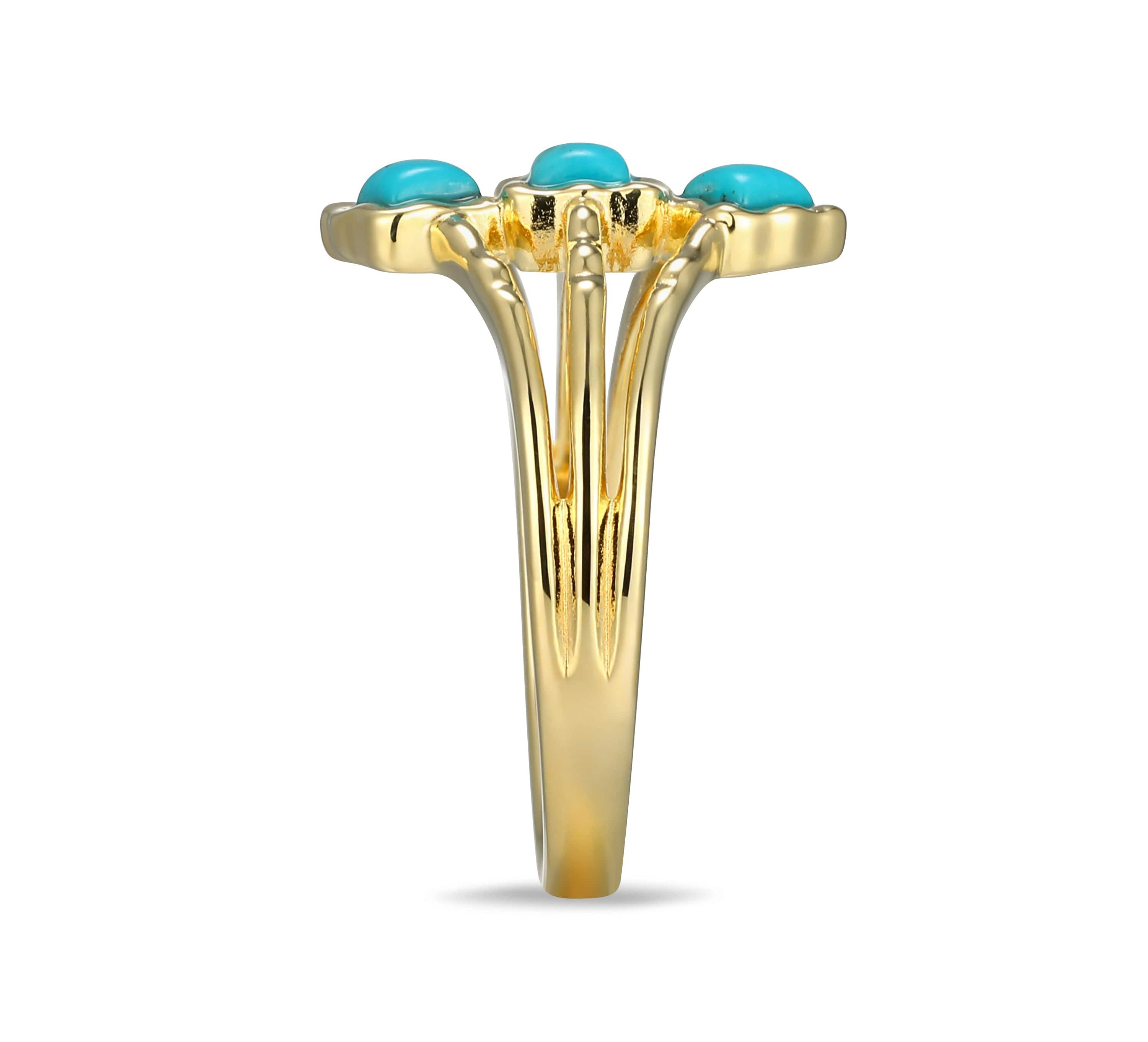 Genuine Turquoise Three Stone Ring in 18k Gold Plated Sterling Silver