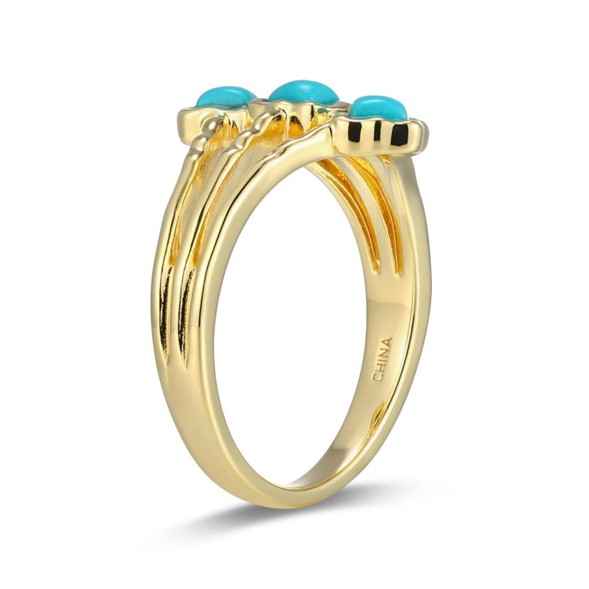 Genuine Turquoise Three Stone Ring in 18k Gold Plated Sterling Silver