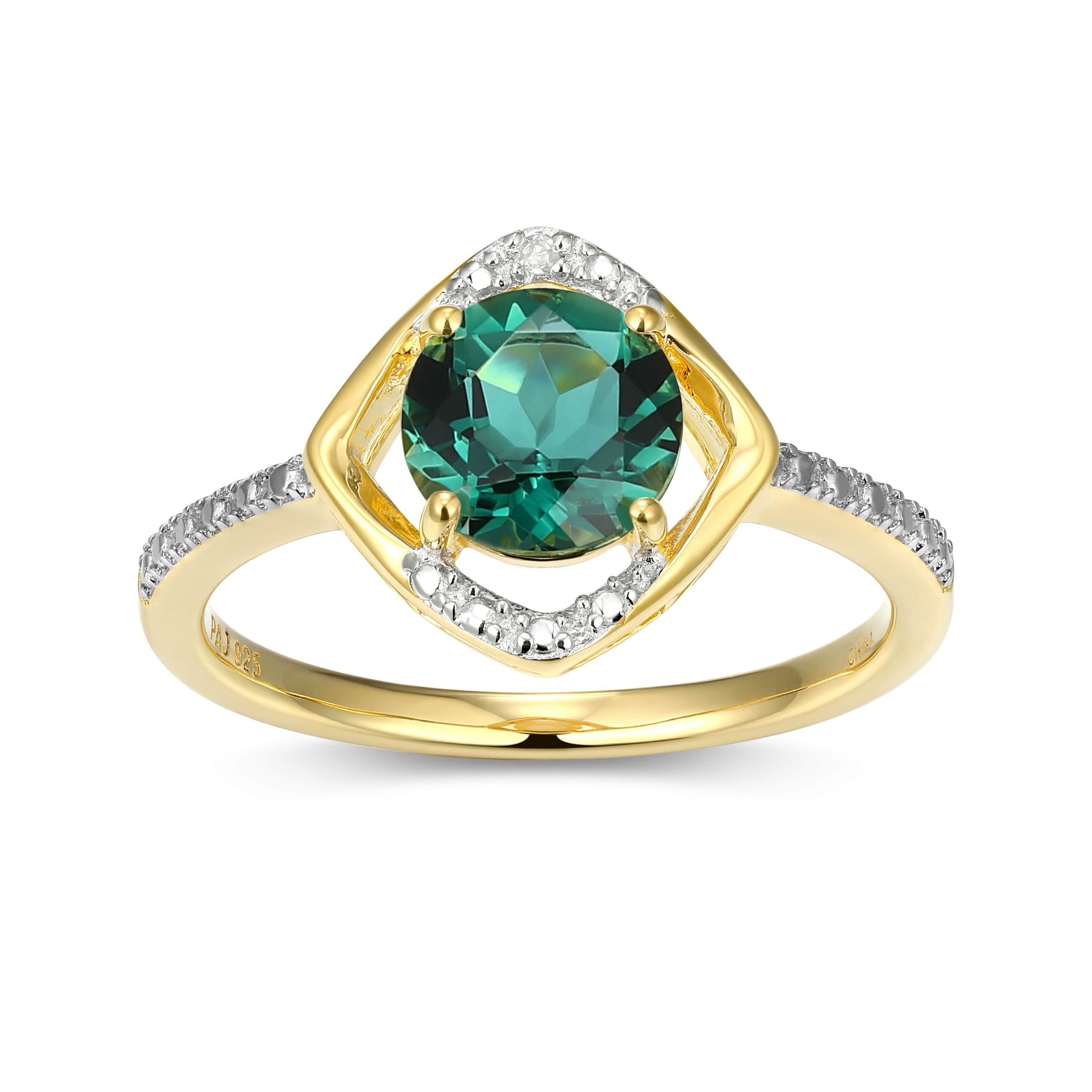 18K Yellow Gold Plated Sterling Silver Birthstone Gemstone and Diamond Accent Halo Ring