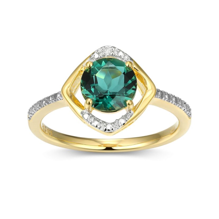 18K Yellow Gold Plated Sterling Silver Birthstone Gemstone and Diamond Accent Halo Ring