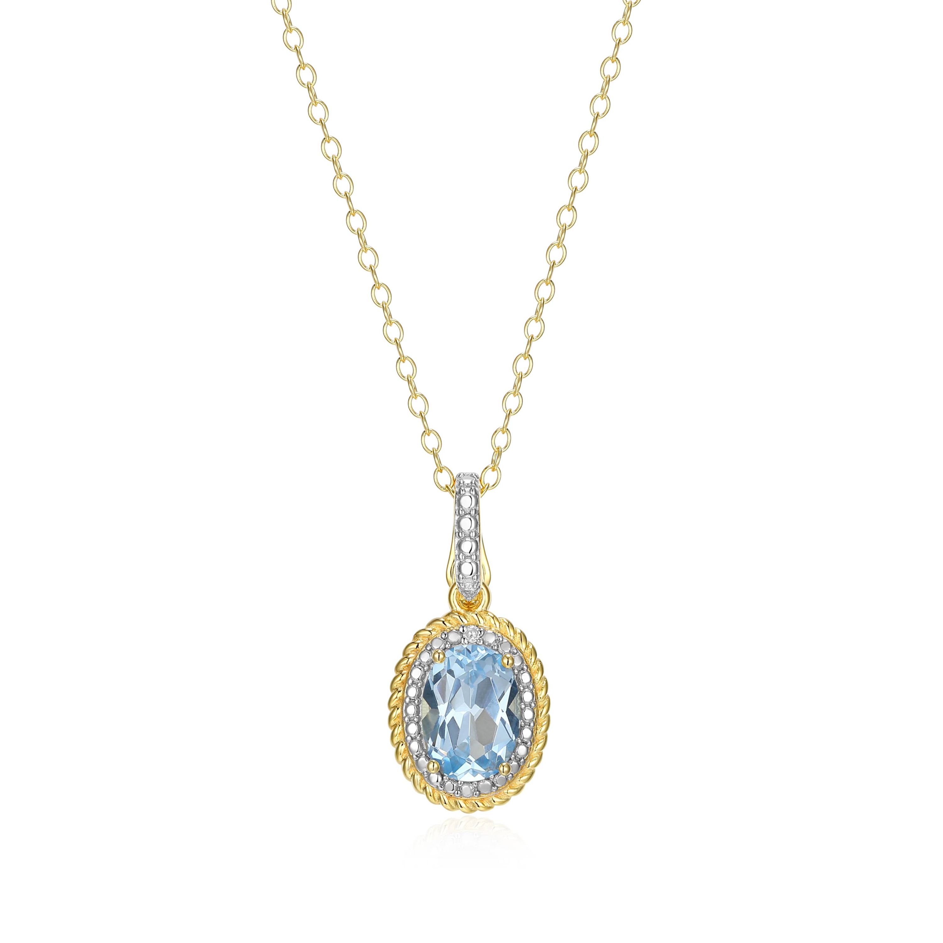 18K Yellow Gold Plated Sterling Silver Birthstone Gemstone and Diamond Accent Halo Pendant Necklace