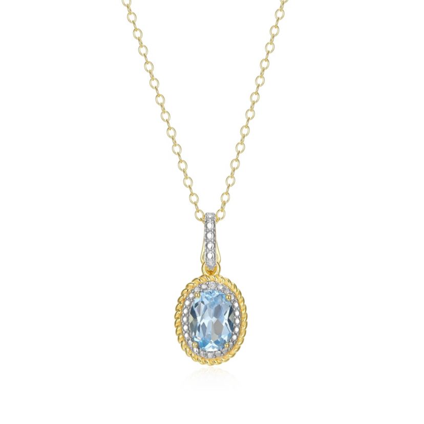 18K Yellow Gold Plated Sterling Silver Birthstone Gemstone and Diamond Accent Halo Pendant Necklace