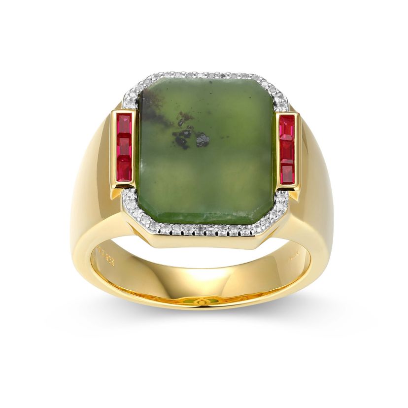 Mens Genuine Jade, Created Ruby, and Created White Sapphire Ring in 18k Gold Plated Sterling Silver