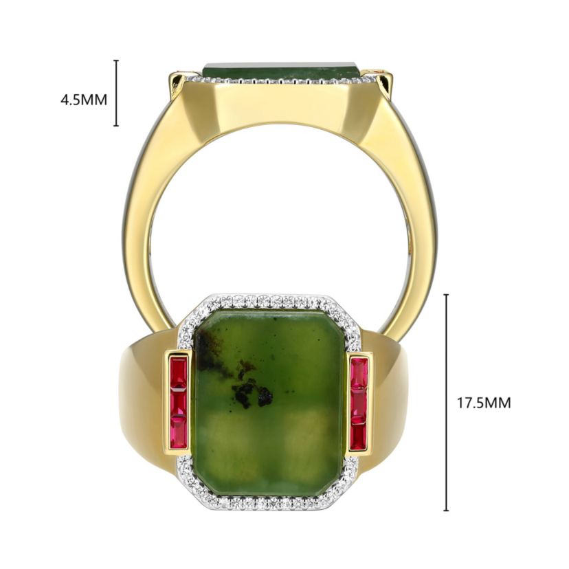 Mens Genuine Jade, Created Ruby, and Created White Sapphire Ring in 18k Gold Plated Sterling Silver
