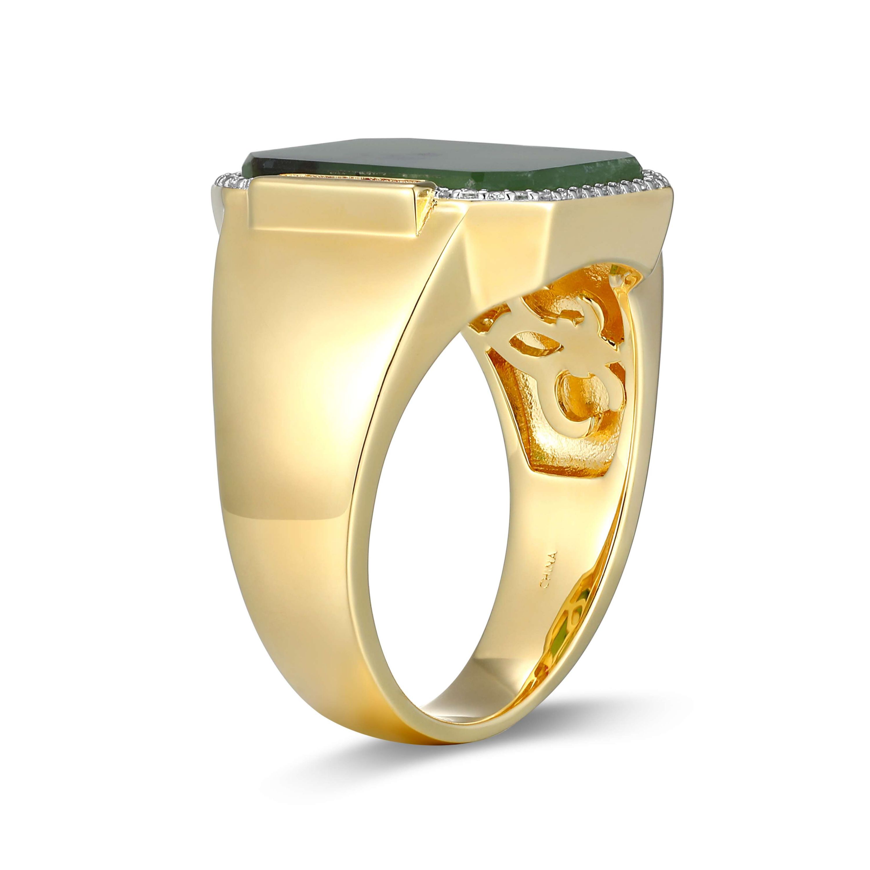 Mens Genuine Jade, Created Ruby, and Created White Sapphire Ring in 18k Gold Plated Sterling Silver