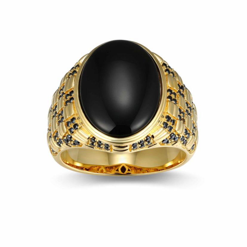 Mens Genuine Black Onyx and Genuine Black Spinel Ring in 18k Gold Plated Sterling Silver