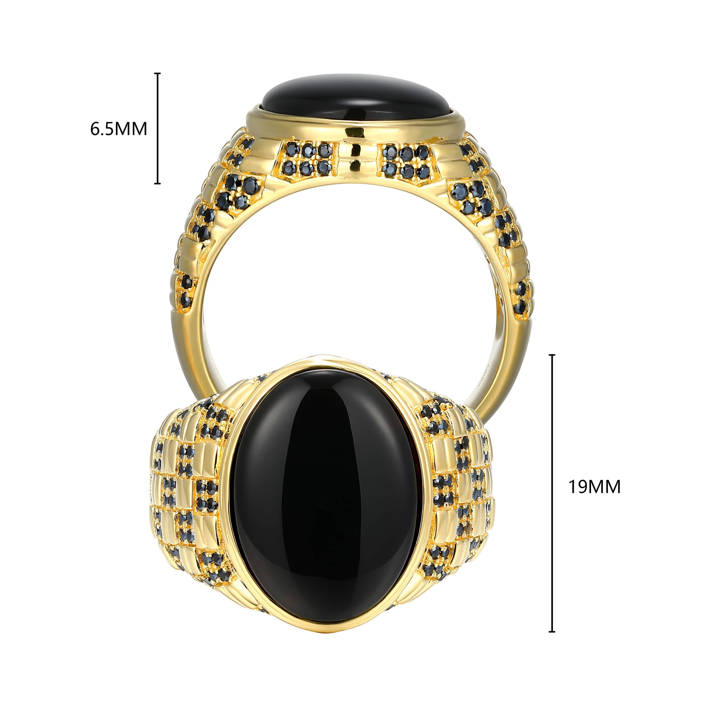Mens Genuine Black Onyx and Genuine Black Spinel Ring in 18k Gold Plated Sterling Silver