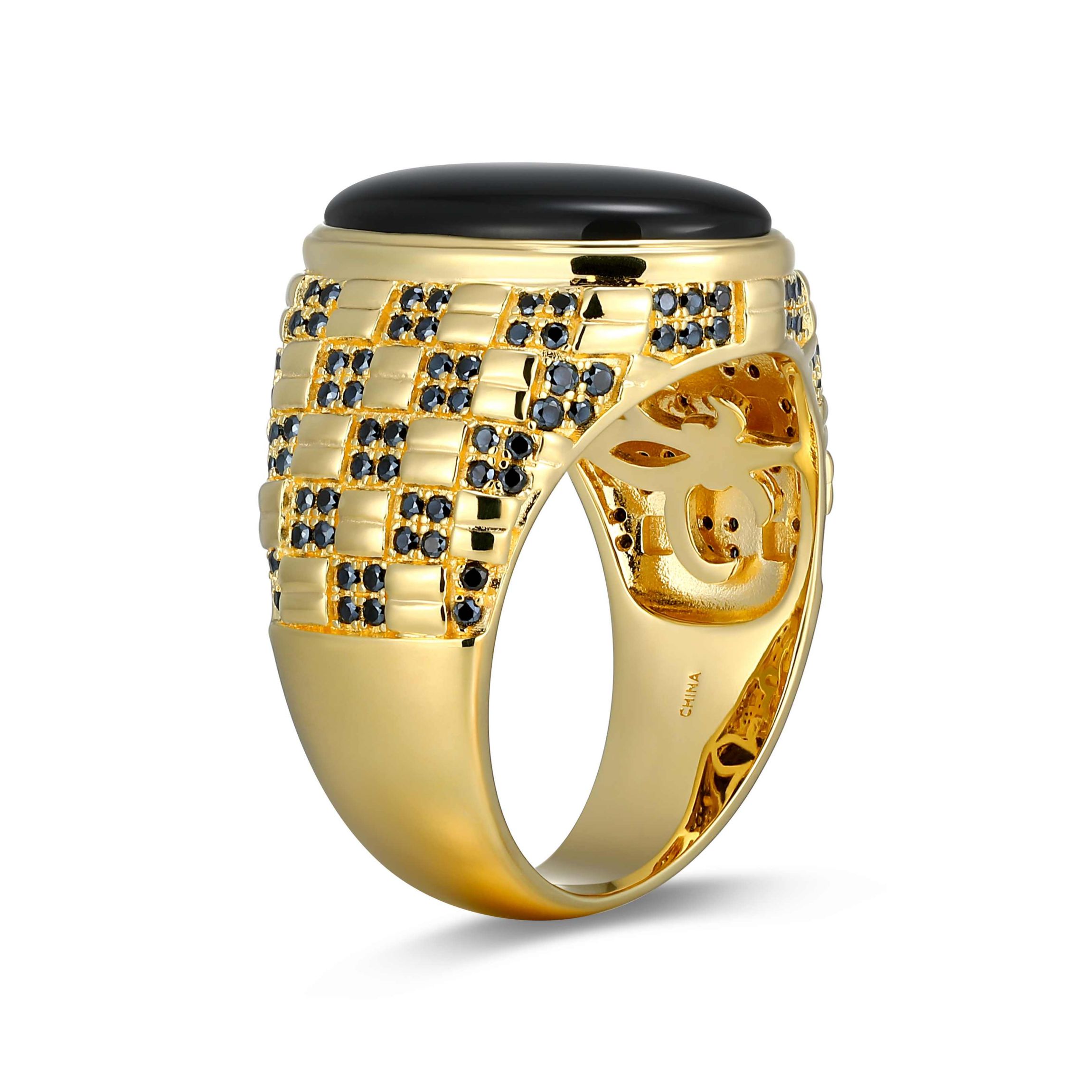 Mens Genuine Black Onyx and Genuine Black Spinel Ring in 18k Gold Plated Sterling Silver