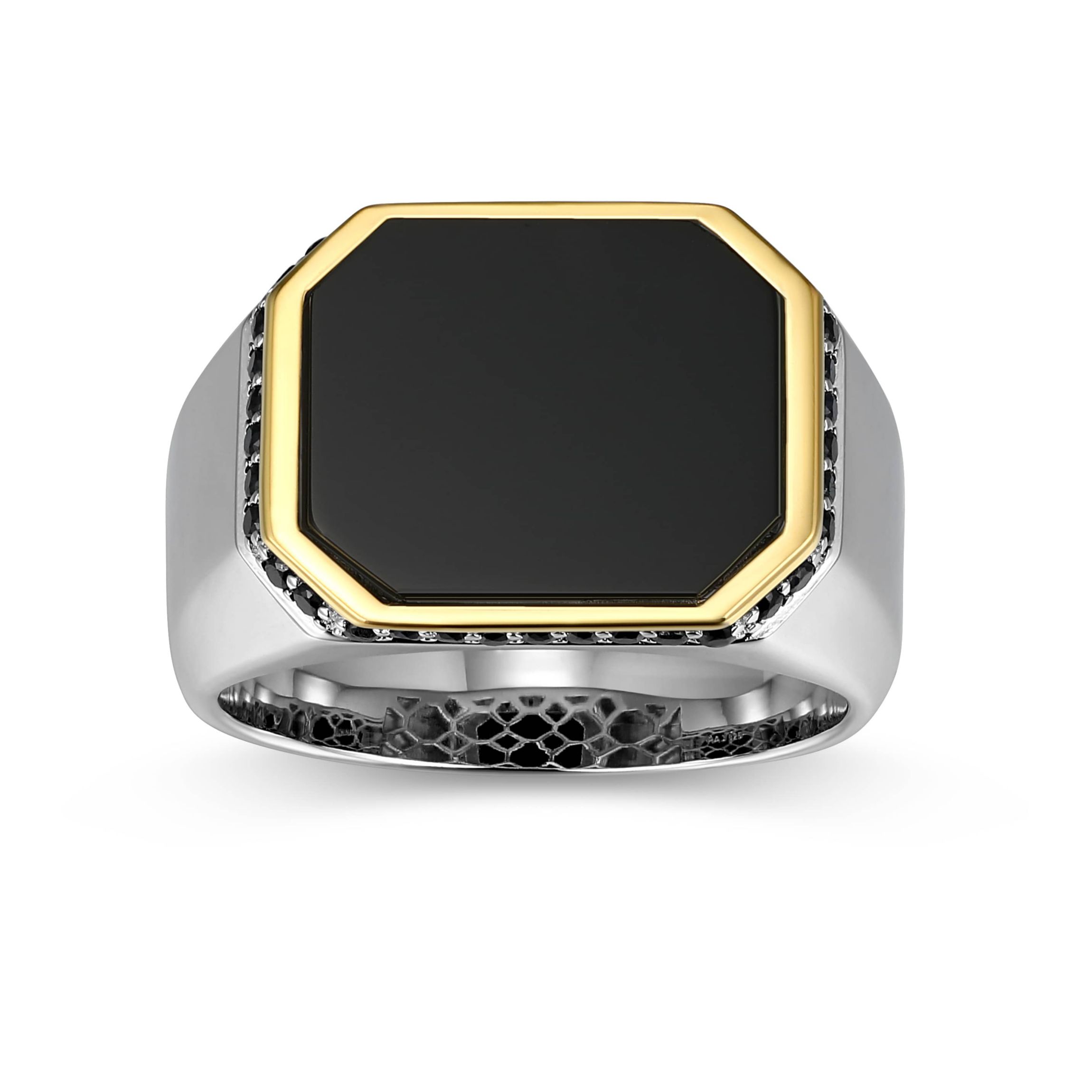 Mens Genuine Black Onyx and Genuine Black Sapphire Ring in Rhodium Sterling Silver