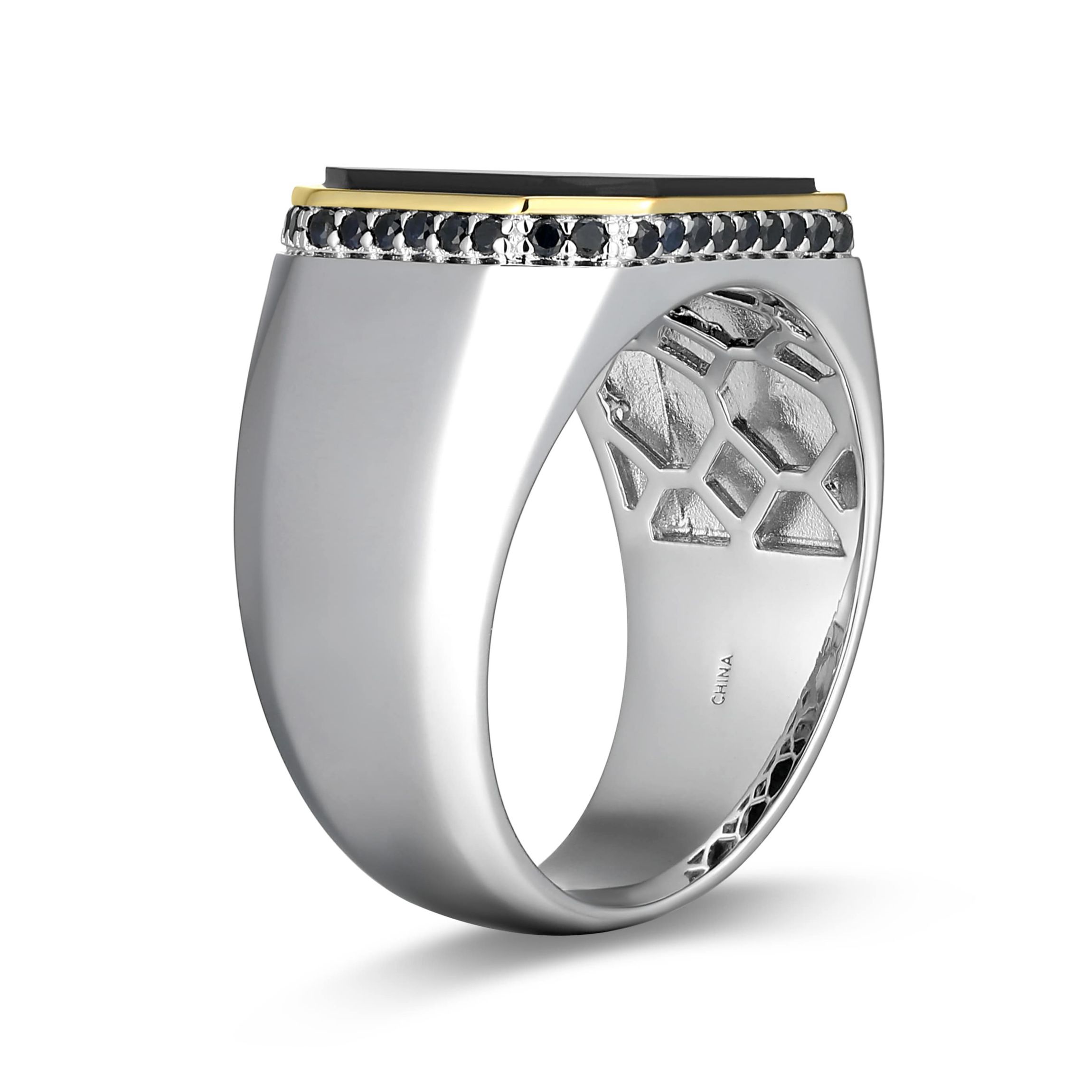 Mens Genuine Black Onyx and Genuine Black Sapphire Ring in Rhodium Sterling Silver
