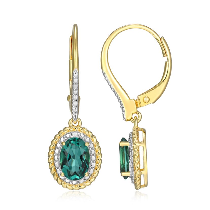 18K Yellow Gold Plated Sterling Silver Birthstone Gemstone and Diamond Accent Halo Leverback Earrings