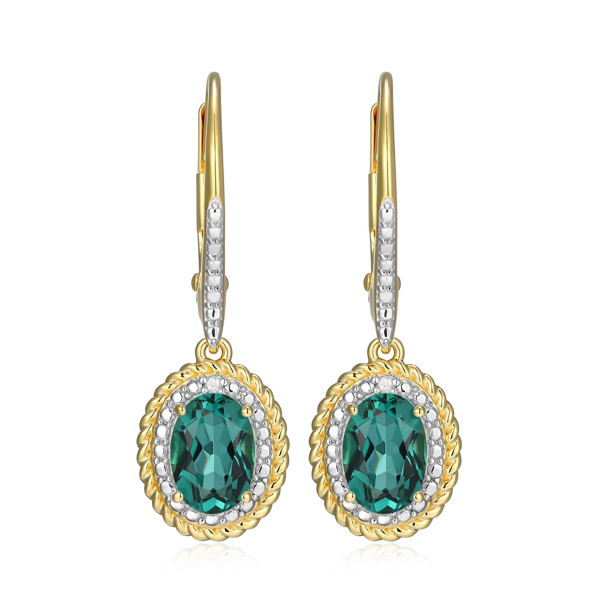 18K Yellow Gold Plated Sterling Silver Birthstone Gemstone and Diamond Accent Halo Leverback Earrings